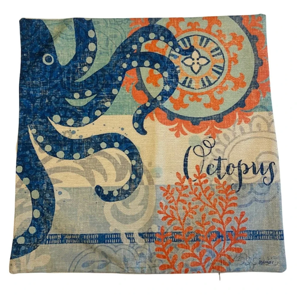Coastal Sea Life Throw Pillow Covers Set of 4 Blue Orange Nautical 17.5x17.5 NWT